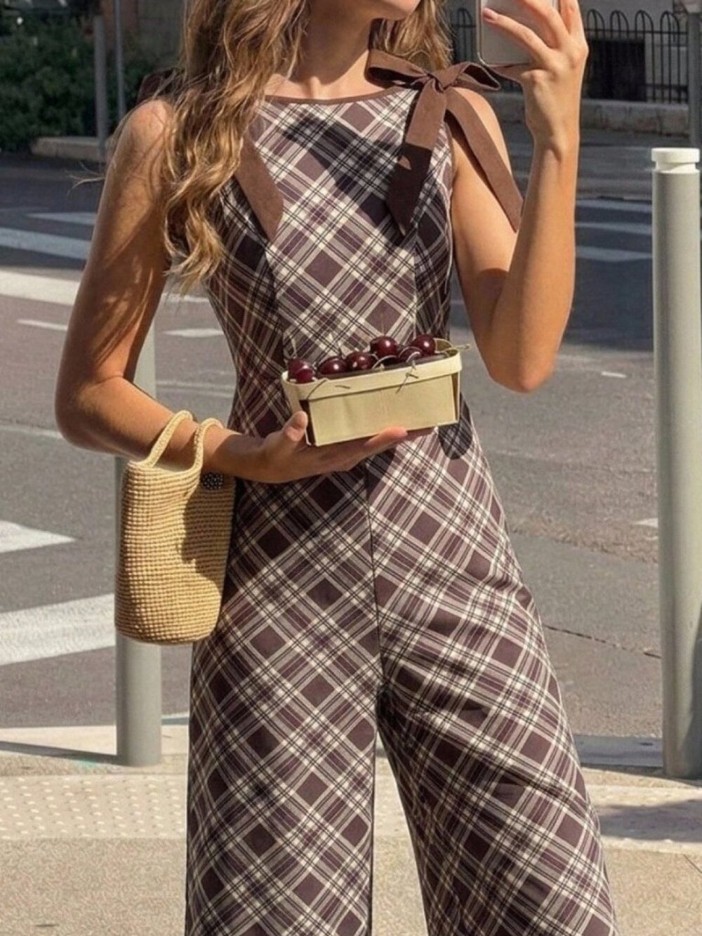 Brown Casual Women's Plaid Bow Decor Sleeveless Jumpsuit - Picture 2 of 6